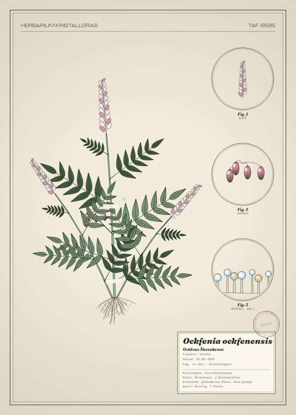Botanische Tafel: Ockfenia ockfenensis, eine erfundene Pflanze aus Ockfen, gezeichnet wie in einem alten Pflanzenatlas