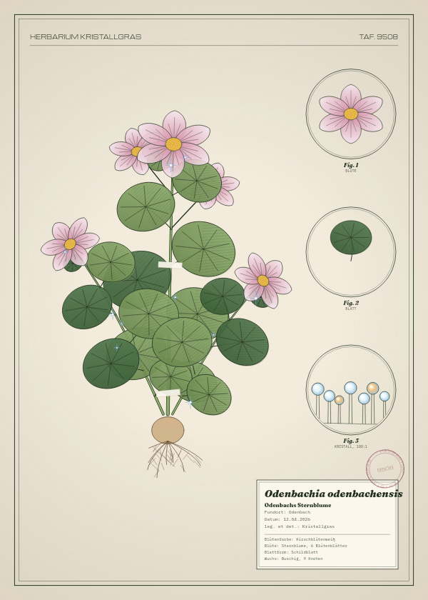 Botanische Tafel: Odenbachia odenbachensis, eine erfundene Pflanze aus Odenbach, gezeichnet wie in einem alten Pflanzenatlas