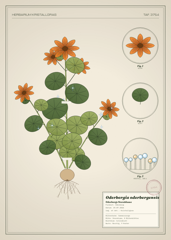 Botanische Tafel: Oderbergia oderbergensis, eine erfundene Pflanze aus Oderberg, gezeichnet wie in einem alten Pflanzenatlas