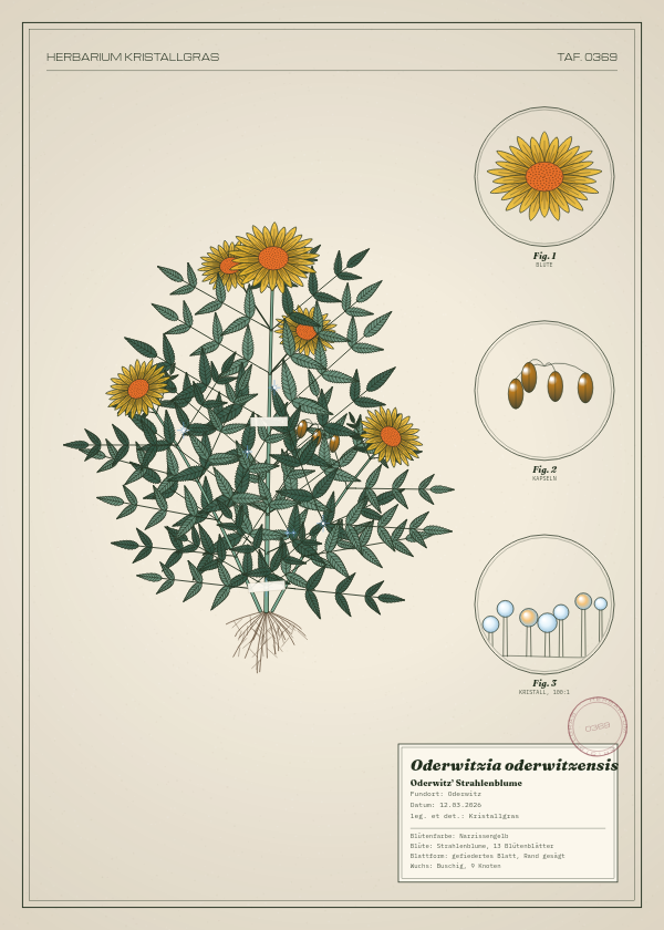 Botanische Tafel: Oderwitzia oderwitzensis, eine erfundene Pflanze aus Oderwitz, gezeichnet wie in einem alten Pflanzenatlas