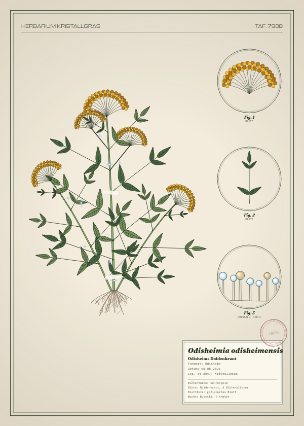 Botanische Tafel: Odisheimia odisheimensis, eine erfundene Pflanze aus Odisheim, gezeichnet wie in einem alten Pflanzenatlas