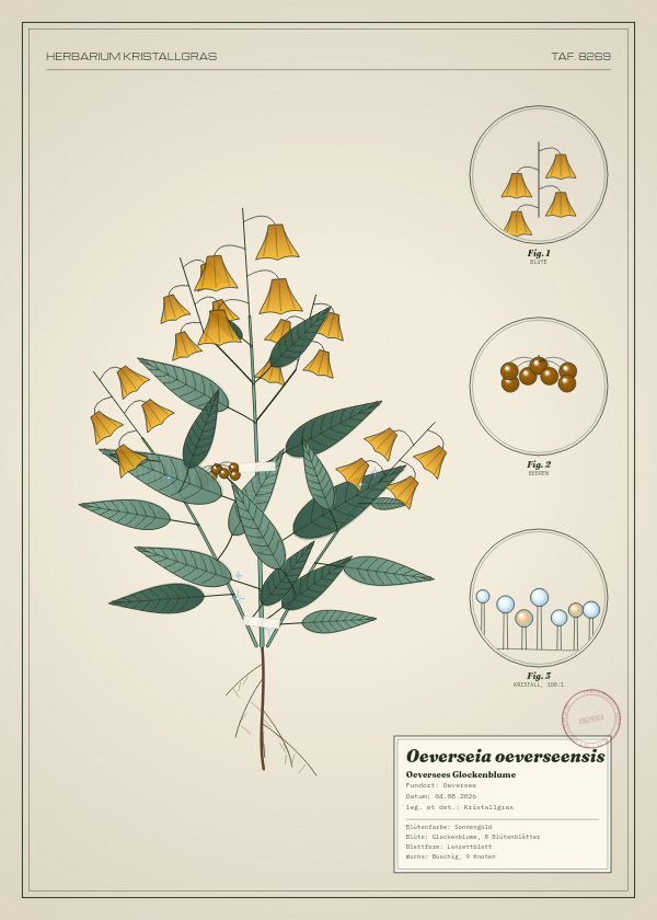 Botanische Tafel: Oeverseia oeverseensis, eine erfundene Pflanze aus Oeversee, gezeichnet wie in einem alten Pflanzenatlas