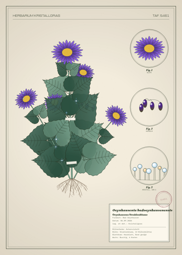 Botanische Tafel: Oeynhausenia badoeynhausenensis, eine erfundene Pflanze aus Bad Oeynhausen, gezeichnet wie in einem alten Pflanzenatlas
