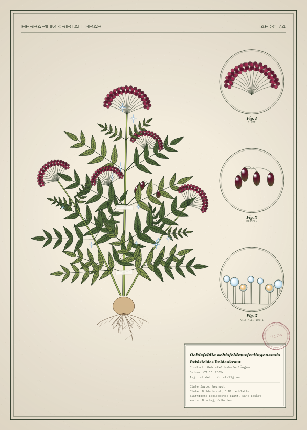 Botanische Tafel: Oebisfeldia oebisfeldeweferlingenensis, eine erfundene Pflanze aus Oebisfelde-Weferlingen, gezeichnet wie in einem alten Pflanzenatlas