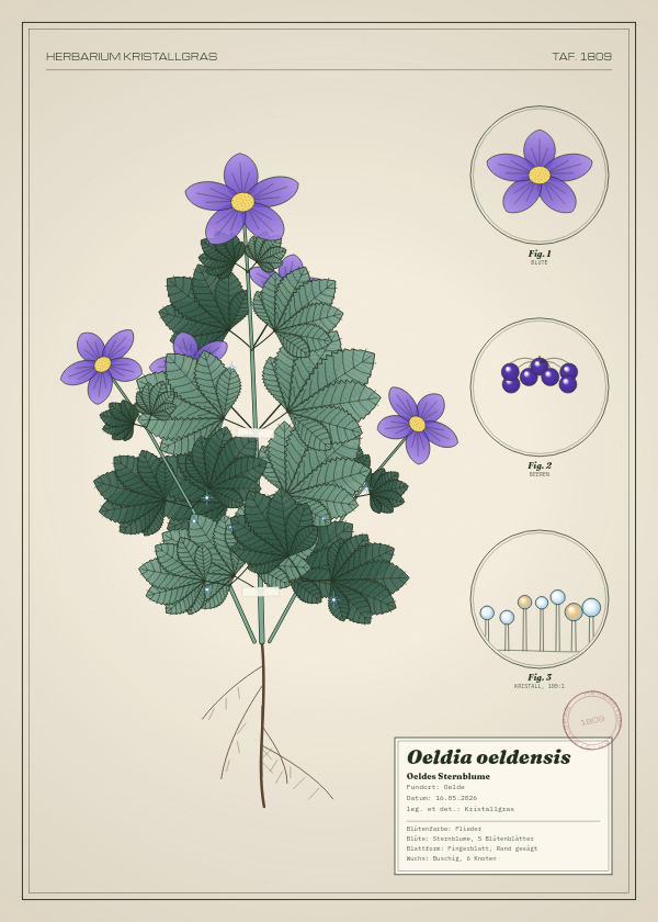 Botanische Tafel: Oeldia oeldensis, eine erfundene Pflanze aus Oelde, gezeichnet wie in einem alten Pflanzenatlas