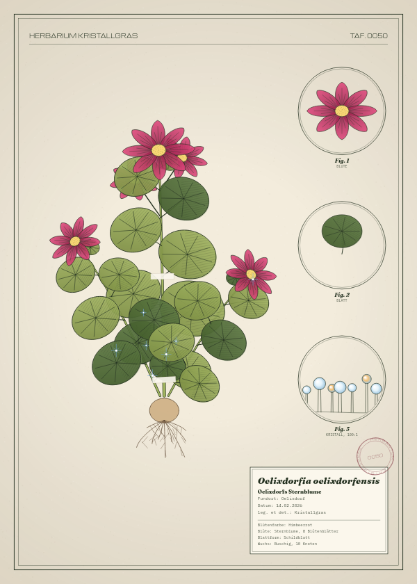 Botanische Tafel: Oelixdorfia oelixdorfensis, eine erfundene Pflanze aus Oelixdorf, gezeichnet wie in einem alten Pflanzenatlas