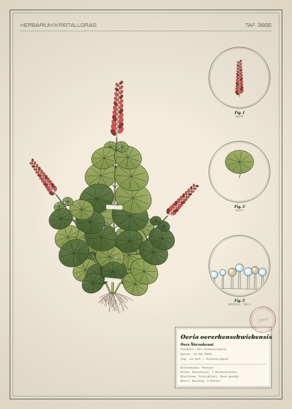 Botanische Tafel: Oeria oererkenschwickensis, eine erfundene Pflanze aus Oer-Erkenschwick, gezeichnet wie in einem alten Pflanzenatlas