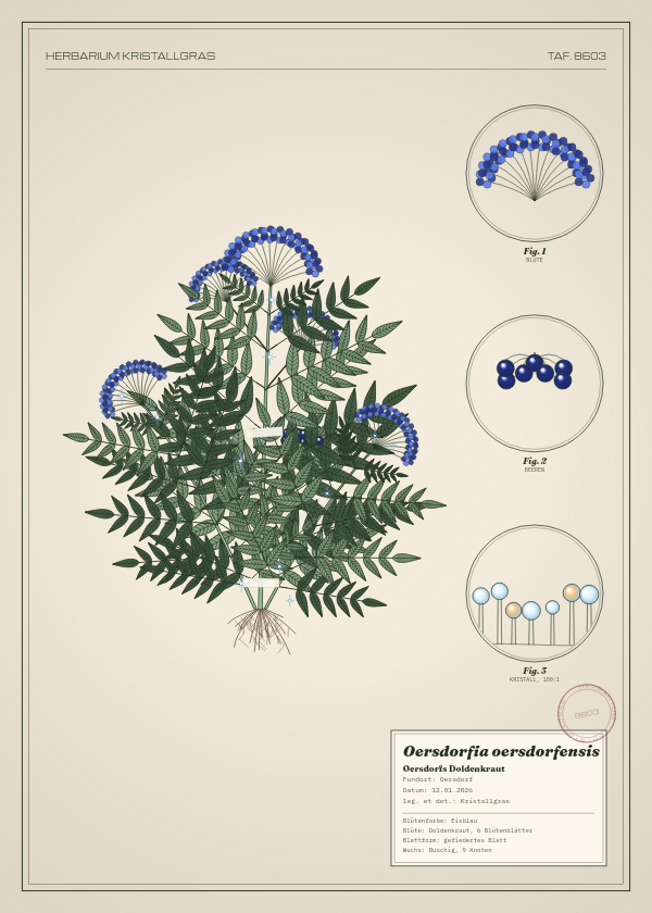 Botanische Tafel: Oersdorfia oersdorfensis, eine erfundene Pflanze aus Oersdorf, gezeichnet wie in einem alten Pflanzenatlas