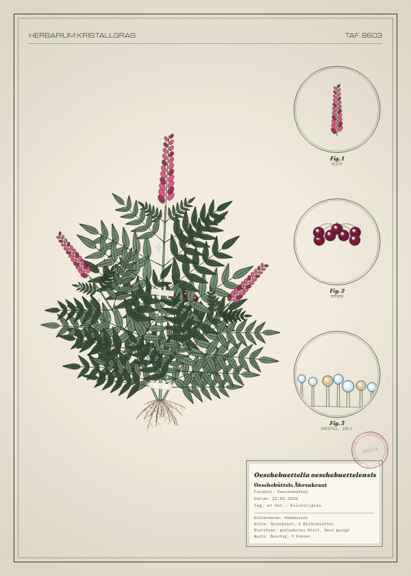 Botanische Tafel: Oeschebuettelia oeschebuettelensis, eine erfundene Pflanze aus Oeschebüttel, gezeichnet wie in einem alten Pflanzenatlas