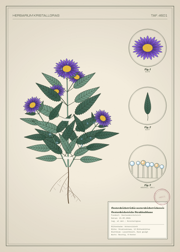 Botanische Tafel: Oesterdeichstrichia oesterdeichstrichensis, eine erfundene Pflanze aus Oesterdeichstrich, gezeichnet wie in einem alten Pflanzenatlas
