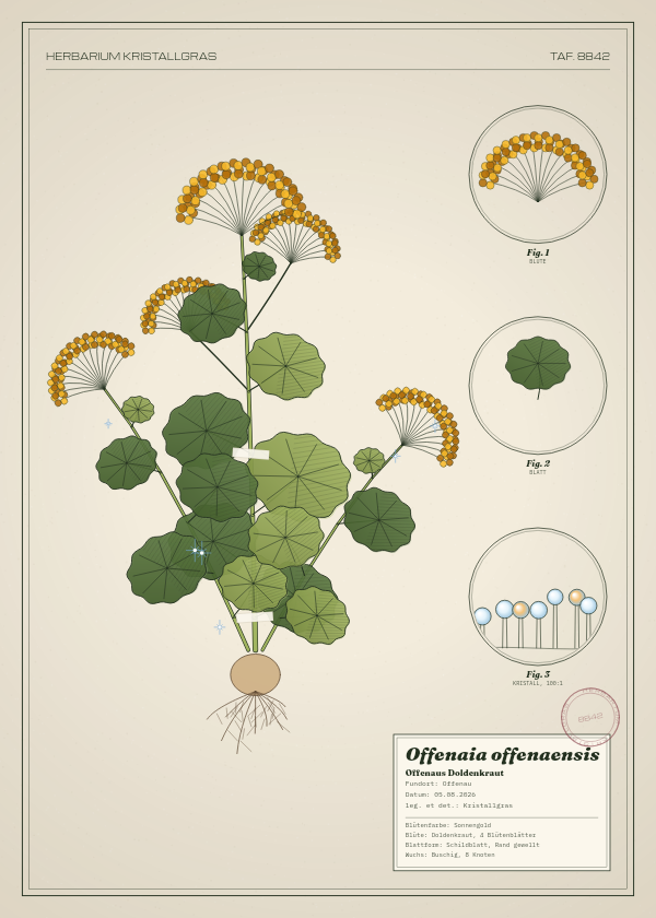 Botanische Tafel: Offenaia offenaensis, eine erfundene Pflanze aus Offenau, gezeichnet wie in einem alten Pflanzenatlas