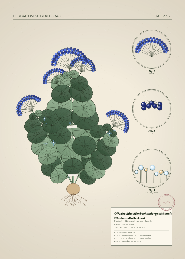 Botanische Tafel: Offenbachia offenbachanderqueichensis, eine erfundene Pflanze aus Offenbach an der Queich, gezeichnet wie in einem alten Pflanzenatlas