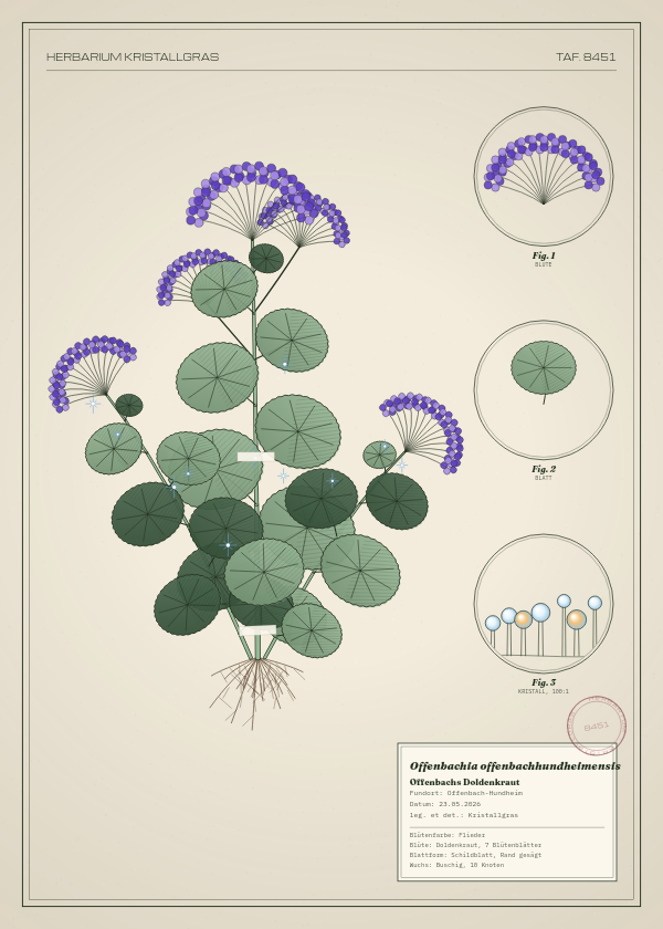 Botanische Tafel: Offenbachia offenbachhundheimensis, eine erfundene Pflanze aus Offenbach-Hundheim, gezeichnet wie in einem alten Pflanzenatlas