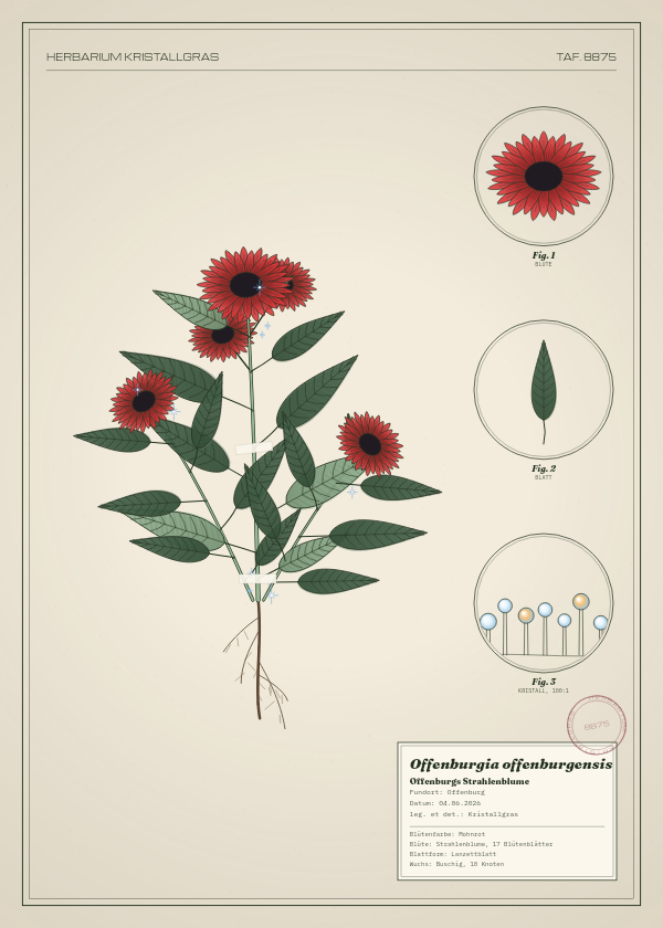 Botanische Tafel: Offenburgia offenburgensis, eine erfundene Pflanze aus Offenburg, gezeichnet wie in einem alten Pflanzenatlas