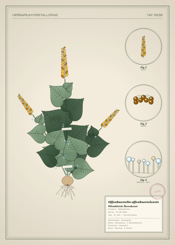 Botanische Tafel: Offenbuettelia offenbuettelensis, eine erfundene Pflanze aus Offenbüttel, gezeichnet wie in einem alten Pflanzenatlas