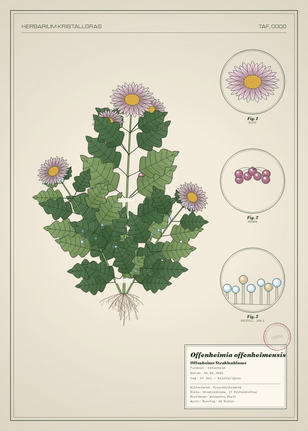 Botanische Tafel: Offenheimia offenheimensis, eine erfundene Pflanze aus Offenheim, gezeichnet wie in einem alten Pflanzenatlas
