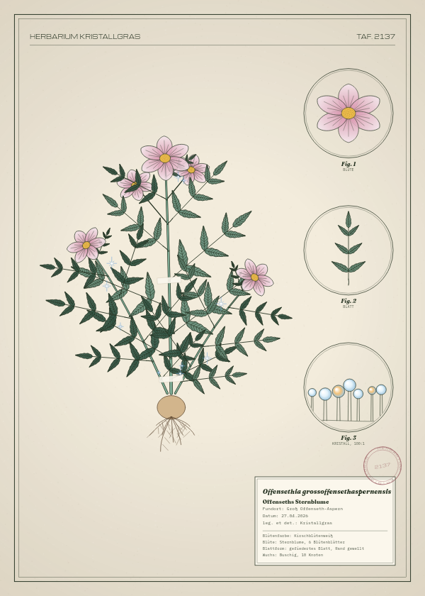 Botanische Tafel: Offensethia grossoffensethaspernensis, eine erfundene Pflanze aus Groß Offenseth-Aspern, gezeichnet wie in einem alten Pflanzenatlas