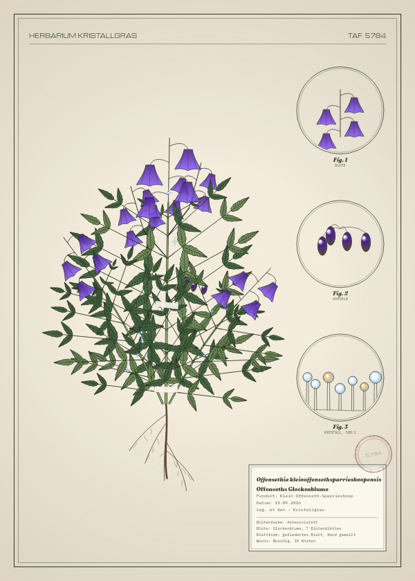 Botanische Tafel: Offensethia kleinoffensethsparrieshoopensis, eine erfundene Pflanze aus Klein Offenseth-Sparrieshoop, gezeichnet wie in einem alten Pflanzenatlas