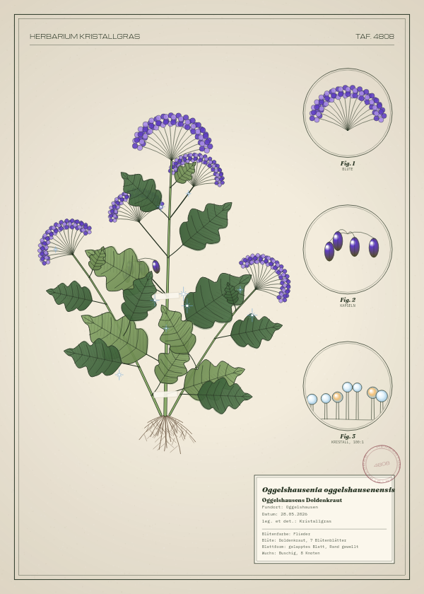Botanische Tafel: Oggelshausenia oggelshausenensis, eine erfundene Pflanze aus Oggelshausen, gezeichnet wie in einem alten Pflanzenatlas