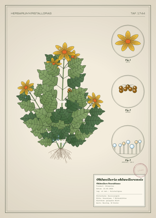 Botanische Tafel: Ohlweileria ohlweilerensis, eine erfundene Pflanze aus Ohlweiler, gezeichnet wie in einem alten Pflanzenatlas