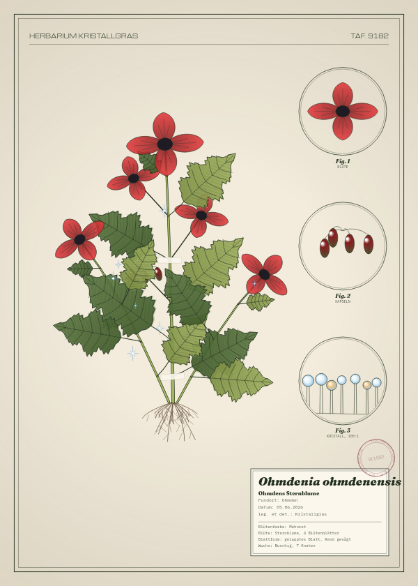 Botanische Tafel: Ohmdenia ohmdenensis, eine erfundene Pflanze aus Ohmden, gezeichnet wie in einem alten Pflanzenatlas