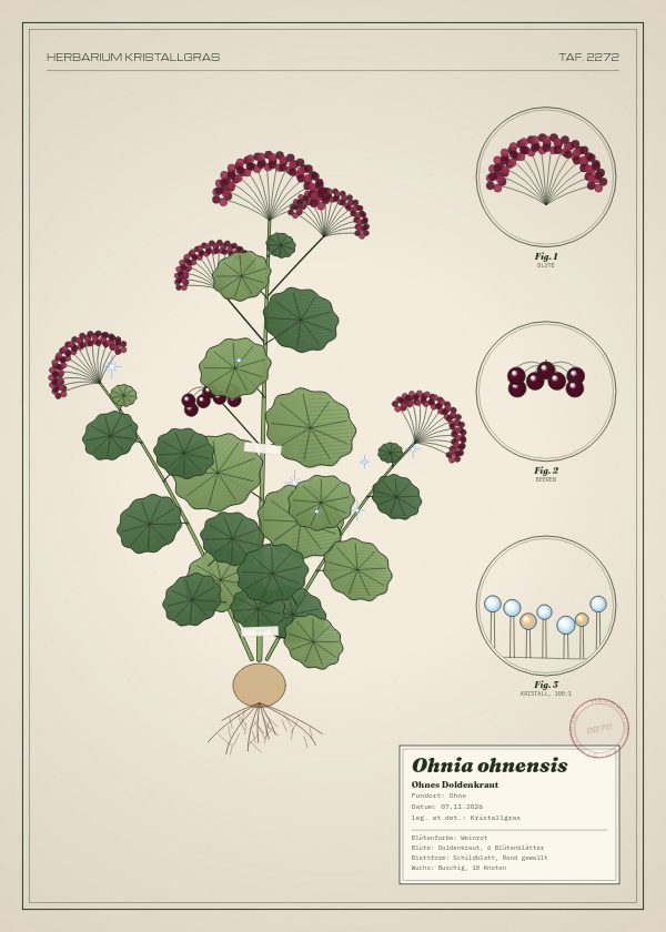 Botanische Tafel: Ohnia ohnensis, eine erfundene Pflanze aus Ohne, gezeichnet wie in einem alten Pflanzenatlas