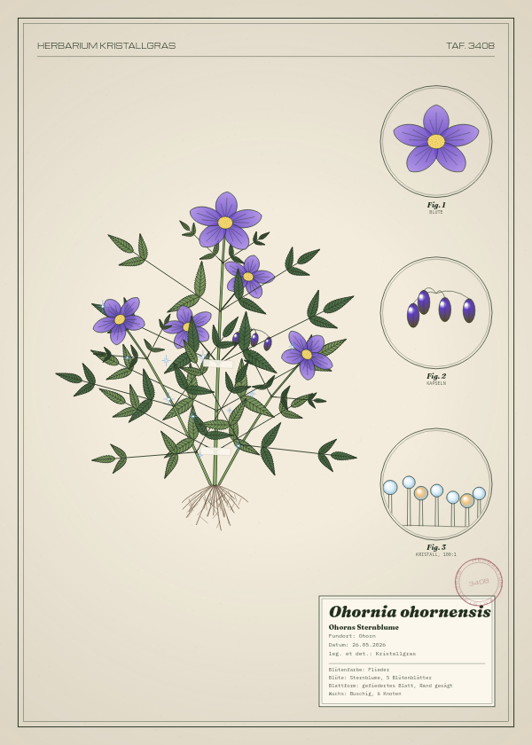Botanische Tafel: Ohornia ohornensis, eine erfundene Pflanze aus Ohorn, gezeichnet wie in einem alten Pflanzenatlas