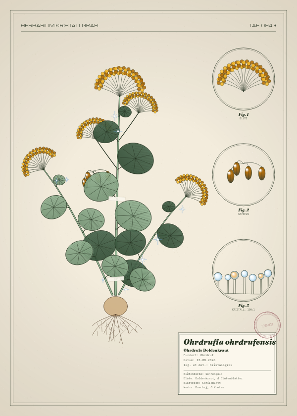 Botanische Tafel: Ohrdrufia ohrdrufensis, eine erfundene Pflanze aus Ohrdruf, gezeichnet wie in einem alten Pflanzenatlas