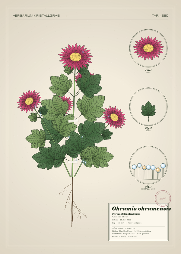 Botanische Tafel: Ohrumia ohrumensis, eine erfundene Pflanze aus Ohrum, gezeichnet wie in einem alten Pflanzenatlas