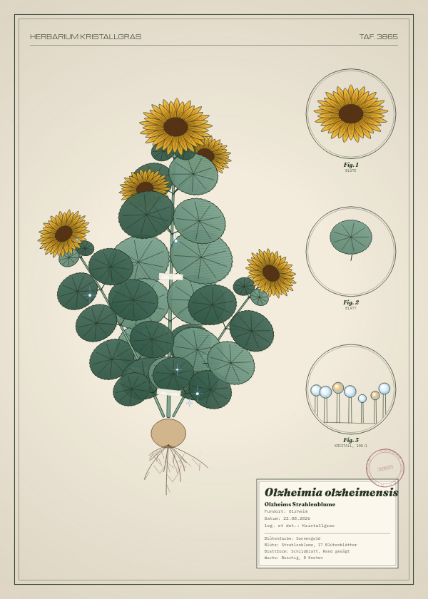 Botanische Tafel: Olzheimia olzheimensis, eine erfundene Pflanze aus Olzheim, gezeichnet wie in einem alten Pflanzenatlas