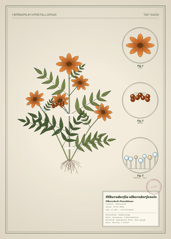 Botanische Tafel: Olbersdorfia olbersdorfensis, eine erfundene Pflanze aus Olbersdorf, gezeichnet wie in einem alten Pflanzenatlas