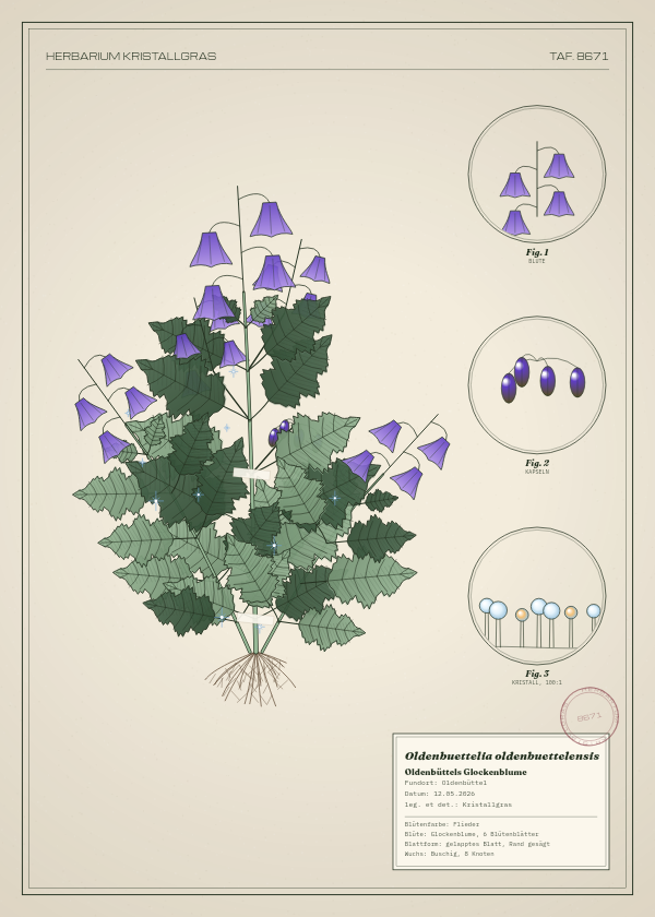 Botanische Tafel: Oldenbuettelia oldenbuettelensis, eine erfundene Pflanze aus Oldenbüttel, gezeichnet wie in einem alten Pflanzenatlas