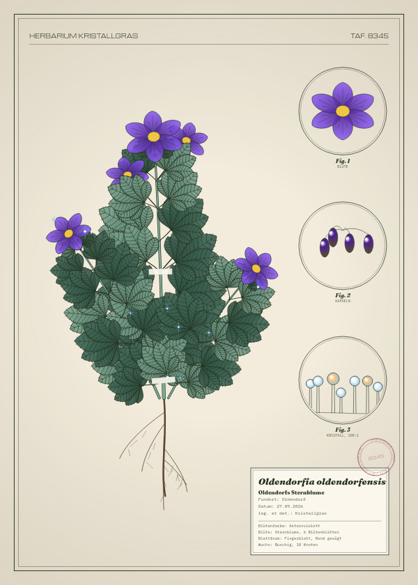 Botanische Tafel: Oldendorfia oldendorfensis, eine erfundene Pflanze aus Oldendorf, gezeichnet wie in einem alten Pflanzenatlas