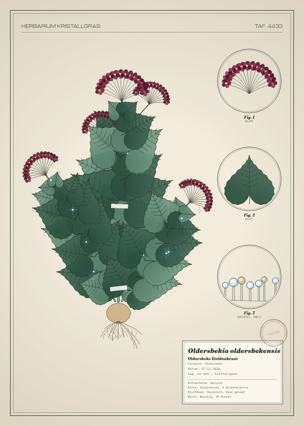 Botanische Tafel: Oldersbekia oldersbekensis, eine erfundene Pflanze aus Oldersbek, gezeichnet wie in einem alten Pflanzenatlas