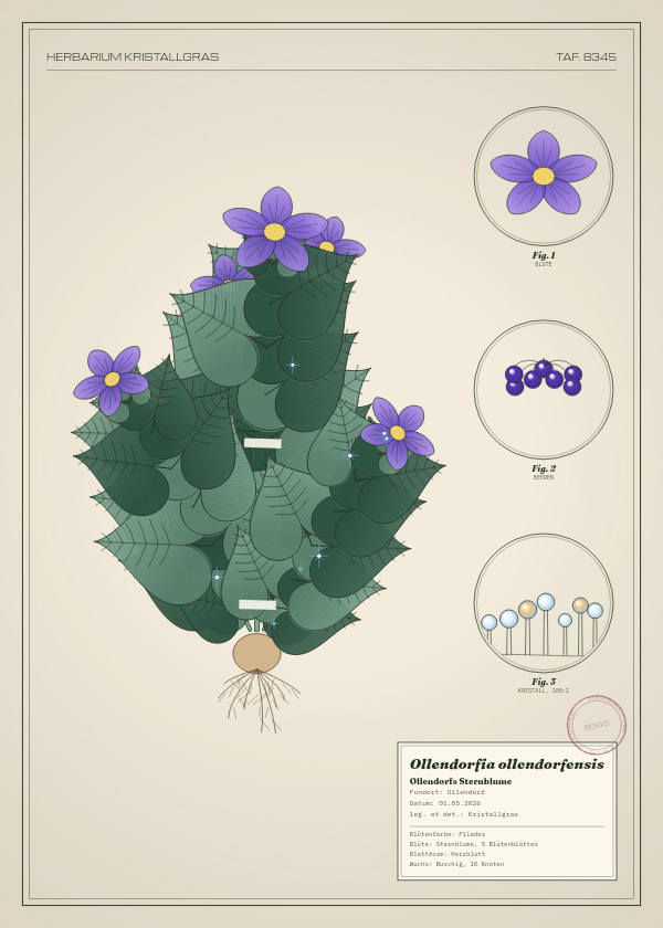 Botanische Tafel: Ollendorfia ollendorfensis, eine erfundene Pflanze aus Ollendorf, gezeichnet wie in einem alten Pflanzenatlas