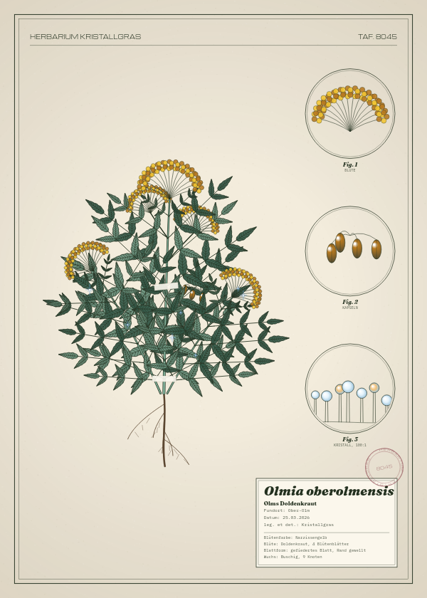 Botanische Tafel: Olmia oberolmensis, eine erfundene Pflanze aus Ober-Olm, gezeichnet wie in einem alten Pflanzenatlas