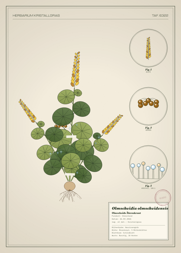 Botanische Tafel: Olmscheidia olmscheidensis, eine erfundene Pflanze aus Olmscheid, gezeichnet wie in einem alten Pflanzenatlas