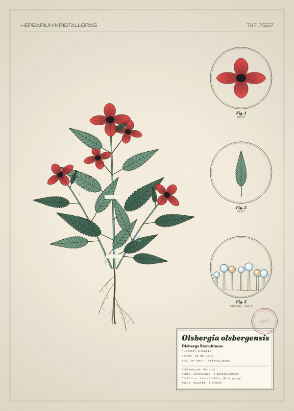 Botanische Tafel: Olsbergia olsbergensis, eine erfundene Pflanze aus Olsberg, gezeichnet wie in einem alten Pflanzenatlas