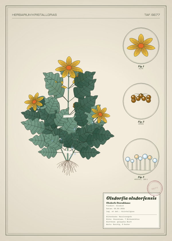 Botanische Tafel: Olsdorfia olsdorfensis, eine erfundene Pflanze aus Olsdorf, gezeichnet wie in einem alten Pflanzenatlas