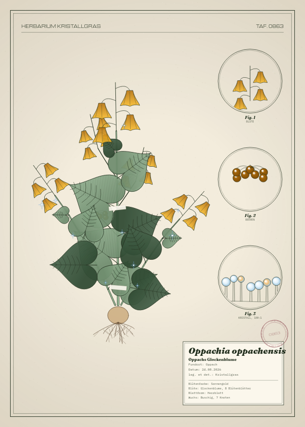 Botanische Tafel: Oppachia oppachensis, eine erfundene Pflanze aus Oppach, gezeichnet wie in einem alten Pflanzenatlas