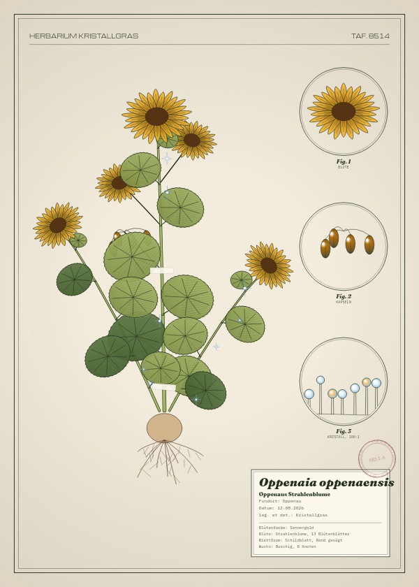 Botanische Tafel: Oppenaia oppenaensis, eine erfundene Pflanze aus Oppenau, gezeichnet wie in einem alten Pflanzenatlas