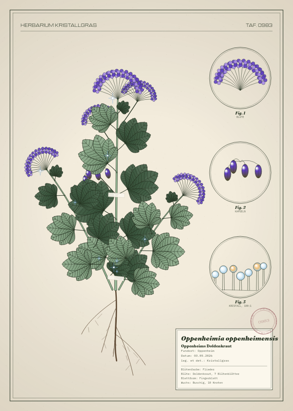 Botanische Tafel: Oppenheimia oppenheimensis, eine erfundene Pflanze aus Oppenheim, gezeichnet wie in einem alten Pflanzenatlas