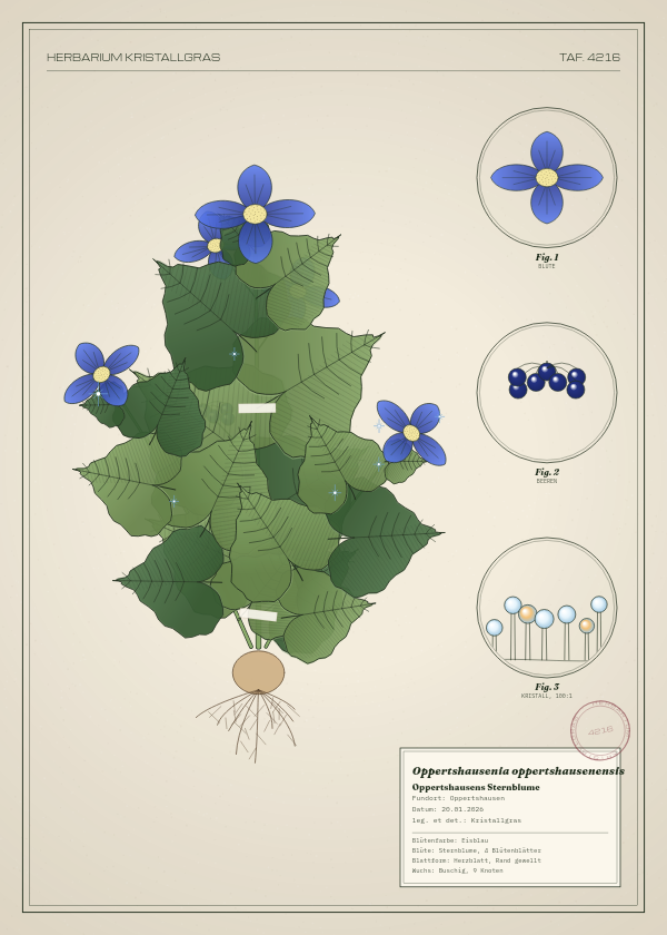 Botanische Tafel: Oppertshausenia oppertshausenensis, eine erfundene Pflanze aus Oppertshausen, gezeichnet wie in einem alten Pflanzenatlas