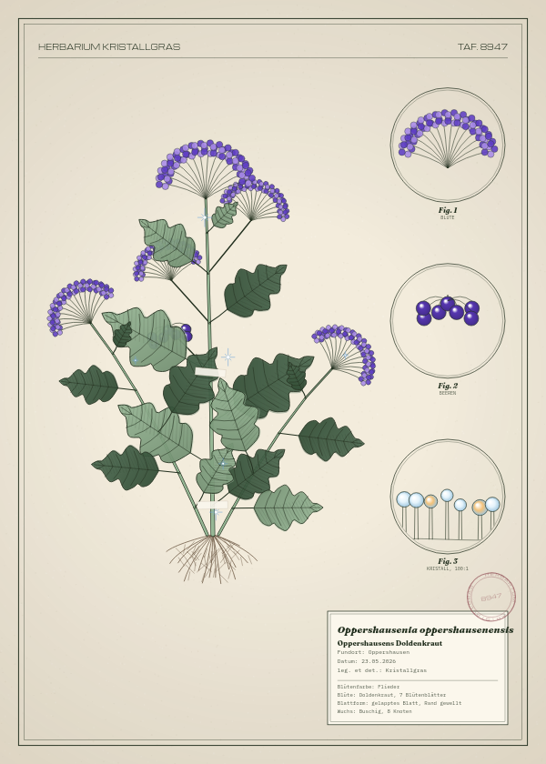 Botanische Tafel: Oppershausenia oppershausenensis, eine erfundene Pflanze aus Oppershausen, gezeichnet wie in einem alten Pflanzenatlas