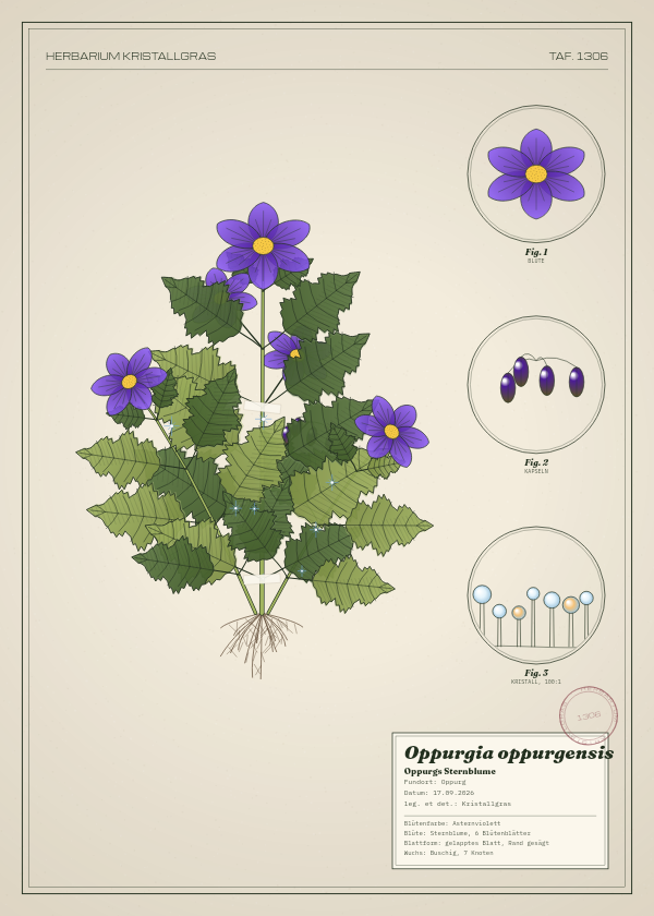 Botanische Tafel: Oppurgia oppurgensis, eine erfundene Pflanze aus Oppurg, gezeichnet wie in einem alten Pflanzenatlas