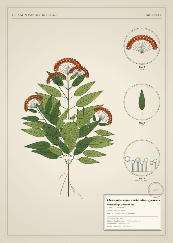 Botanische Tafel: Ortenbergia ortenbergensis, eine erfundene Pflanze aus Ortenberg, gezeichnet wie in einem alten Pflanzenatlas