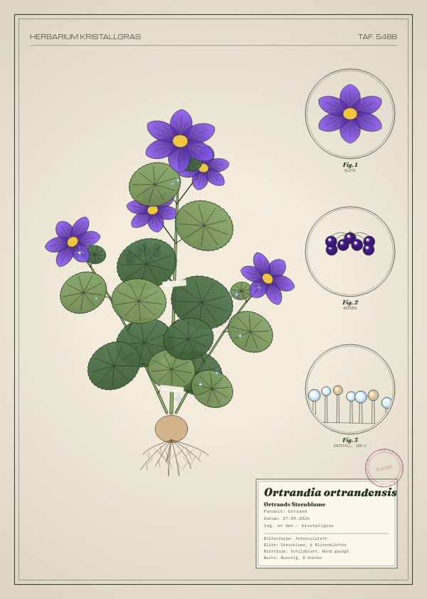 Botanische Tafel: Ortrandia ortrandensis, eine erfundene Pflanze aus Ortrand, gezeichnet wie in einem alten Pflanzenatlas