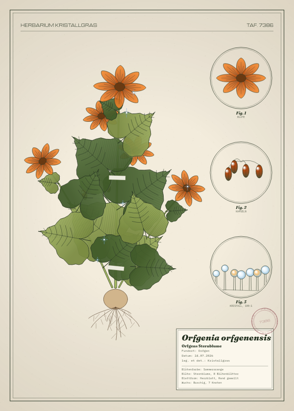 Botanische Tafel: Orfgenia orfgenensis, eine erfundene Pflanze aus Orfgen, gezeichnet wie in einem alten Pflanzenatlas