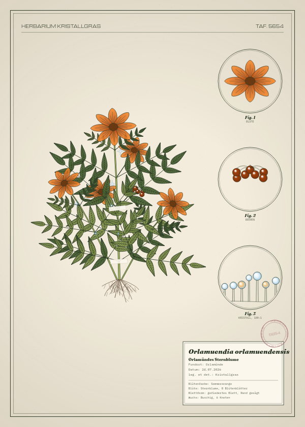 Botanische Tafel: Orlamuendia orlamuendensis, eine erfundene Pflanze aus Orlamünde, gezeichnet wie in einem alten Pflanzenatlas