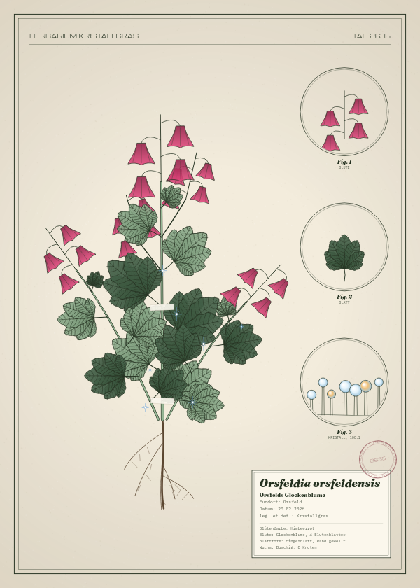 Botanische Tafel: Orsfeldia orsfeldensis, eine erfundene Pflanze aus Orsfeld, gezeichnet wie in einem alten Pflanzenatlas